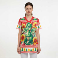 Wales Christmas Scrub Top Cute Green Welsh Dragon and Daffodils - Wonder Print Shop