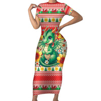 Wales Christmas Short Sleeve Bodycon Dress Cute Green Welsh Dragon and Daffodils - Wonder Print Shop