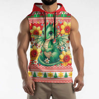 Wales Christmas Sleeveless Hoodie Cute Green Welsh Dragon and Daffodils - Wonder Print Shop