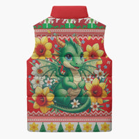 Wales Christmas Sleeveless Puffer Jacket Cute Green Welsh Dragon and Daffodils - Wonder Print Shop