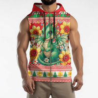 Wales Christmas Sleeveless Zip Hoodie Cute Green Welsh Dragon and Daffodils - Wonder Print Shop