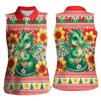 Wales Christmas Women Sleeveless Polo Shirt Cute Green Welsh Dragon and Daffodils - Wonder Print Shop