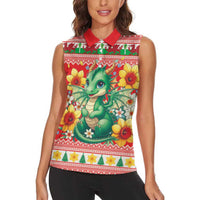 Wales Christmas Women Sleeveless Polo Shirt Cute Green Welsh Dragon and Daffodils - Wonder Print Shop