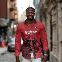 Custom World Football 2026 Egypt Long Sleeve Button Shirt Pharaohs Hieroglyphs Pride Red Version
