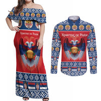 Personalized Serbia Christmas Couples Matching Off Shoulder Maxi Dress and Long Sleeve Button Shirt Eagle with Cesnica Christmas Bread - Wonder Print Shop