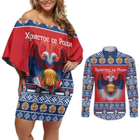 Personalized Serbia Christmas Couples Matching Off Shoulder Short Dress and Long Sleeve Button Shirt Eagle with Cesnica Christmas Bread - Wonder Print Shop