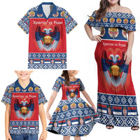 Personalized Serbia Christmas Family Matching Off Shoulder Maxi Dress and Hawaiian Shirt Eagle with Cesnica Christmas Bread - Wonder Print Shop