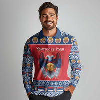 Personalized Serbia Christmas Long Sleeve Polo Shirt Eagle with Cesnica Christmas Bread - Wonder Print Shop