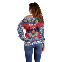 Personalized Serbia Christmas Off Shoulder Sweater Eagle with Cesnica Christmas Bread - Wonder Print Shop