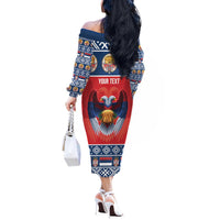 Personalized Serbia Christmas Off The Shoulder Long Sleeve Dress Eagle with Cesnica Christmas Bread - Wonder Print Shop