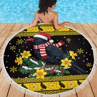 Flintshire Wales Christmas Beach Blanket Welsh Red-billed Chough with Daffodil - Wonder Print Shop