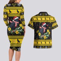 Flintshire Wales Christmas Couples Matching Long Sleeve Bodycon Dress and Hawaiian Shirt Welsh Red-billed Chough with Daffodil - Wonder Print Shop