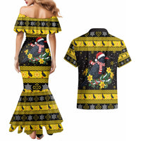 Flintshire Wales Christmas Couples Matching Mermaid Dress and Hawaiian Shirt Welsh Red-billed Chough with Daffodil - Wonder Print Shop