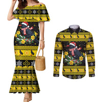 Flintshire Wales Christmas Couples Matching Mermaid Dress and Long Sleeve Button Shirt Welsh Red-billed Chough with Daffodil - Wonder Print Shop