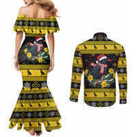 Flintshire Wales Christmas Couples Matching Mermaid Dress and Long Sleeve Button Shirt Welsh Red-billed Chough with Daffodil - Wonder Print Shop