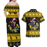 Flintshire Wales Christmas Couples Matching Off Shoulder Maxi Dress and Hawaiian Shirt Welsh Red-billed Chough with Daffodil - Wonder Print Shop