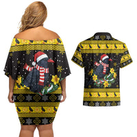 Flintshire Wales Christmas Couples Matching Off Shoulder Short Dress and Hawaiian Shirt Welsh Red-billed Chough with Daffodil - Wonder Print Shop