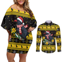 Flintshire Wales Christmas Couples Matching Off Shoulder Short Dress and Long Sleeve Button Shirt Welsh Red-billed Chough with Daffodil - Wonder Print Shop