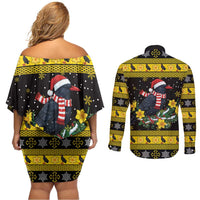 Flintshire Wales Christmas Couples Matching Off Shoulder Short Dress and Long Sleeve Button Shirt Welsh Red-billed Chough with Daffodil - Wonder Print Shop