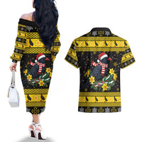 Flintshire Wales Christmas Couples Matching Off The Shoulder Long Sleeve Dress and Hawaiian Shirt Welsh Red-billed Chough with Daffodil - Wonder Print Shop
