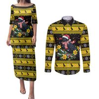 Flintshire Wales Christmas Couples Matching Puletasi and Long Sleeve Button Shirt Welsh Red-billed Chough with Daffodil - Wonder Print Shop
