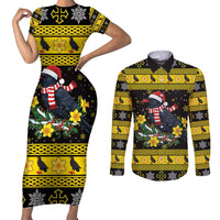 Flintshire Wales Christmas Couples Matching Short Sleeve Bodycon Dress and Long Sleeve Button Shirt Welsh Red-billed Chough with Daffodil - Wonder Print Shop