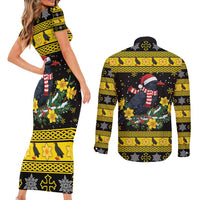 Flintshire Wales Christmas Couples Matching Short Sleeve Bodycon Dress and Long Sleeve Button Shirt Welsh Red-billed Chough with Daffodil - Wonder Print Shop