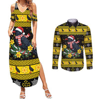Flintshire Wales Christmas Couples Matching Summer Maxi Dress and Long Sleeve Button Shirt Welsh Red-billed Chough with Daffodil - Wonder Print Shop