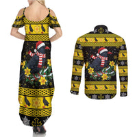Flintshire Wales Christmas Couples Matching Summer Maxi Dress and Long Sleeve Button Shirt Welsh Red-billed Chough with Daffodil - Wonder Print Shop