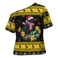 Flintshire Wales Christmas Cross Shoulder Shirt Welsh Red-billed Chough with Daffodil - Wonder Print Shop