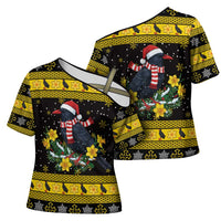 Flintshire Wales Christmas Cross Shoulder Shirt Welsh Red-billed Chough with Daffodil - Wonder Print Shop