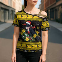 Flintshire Wales Christmas Cross Shoulder Shirt Welsh Red-billed Chough with Daffodil - Wonder Print Shop