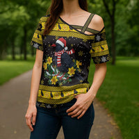 Flintshire Wales Christmas Cross Shoulder Shirt Welsh Red-billed Chough with Daffodil - Wonder Print Shop