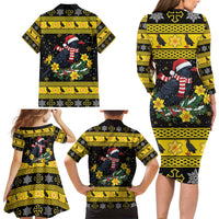 Flintshire Wales Christmas Family Matching Long Sleeve Bodycon Dress and Hawaiian Shirt Welsh Red-billed Chough with Daffodil - Wonder Print Shop