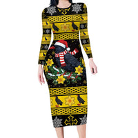 Flintshire Wales Christmas Family Matching Long Sleeve Bodycon Dress and Hawaiian Shirt Welsh Red-billed Chough with Daffodil - Wonder Print Shop