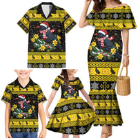 Flintshire Wales Christmas Family Matching Mermaid Dress and Hawaiian Shirt Welsh Red-billed Chough with Daffodil - Wonder Print Shop