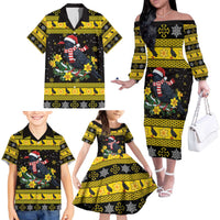 Flintshire Wales Christmas Family Matching Off The Shoulder Long Sleeve Dress and Hawaiian Shirt Welsh Red-billed Chough with Daffodil - Wonder Print Shop