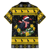Flintshire Wales Christmas Family Matching Off The Shoulder Long Sleeve Dress and Hawaiian Shirt Welsh Red-billed Chough with Daffodil - Wonder Print Shop