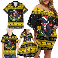 Flintshire Wales Christmas Family Matching Off Shoulder Short Dress and Hawaiian Shirt Welsh Red-billed Chough with Daffodil - Wonder Print Shop