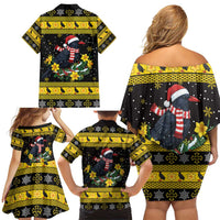 Flintshire Wales Christmas Family Matching Off Shoulder Short Dress and Hawaiian Shirt Welsh Red-billed Chough with Daffodil - Wonder Print Shop