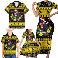 Flintshire Wales Christmas Family Matching Short Sleeve Bodycon Dress and Hawaiian Shirt Welsh Red-billed Chough with Daffodil - Wonder Print Shop