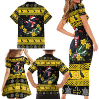Flintshire Wales Christmas Family Matching Short Sleeve Bodycon Dress and Hawaiian Shirt Welsh Red-billed Chough with Daffodil - Wonder Print Shop
