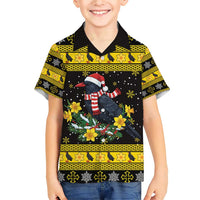 Flintshire Wales Christmas Family Matching Short Sleeve Bodycon Dress and Hawaiian Shirt Welsh Red-billed Chough with Daffodil - Wonder Print Shop