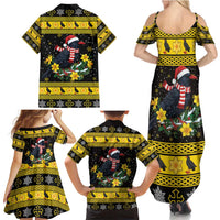 Flintshire Wales Christmas Family Matching Summer Maxi Dress and Hawaiian Shirt Welsh Red-billed Chough with Daffodil - Wonder Print Shop