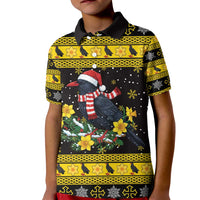 Flintshire Wales Christmas Kid Polo Shirt Welsh Red-billed Chough with Daffodil - Wonder Print Shop