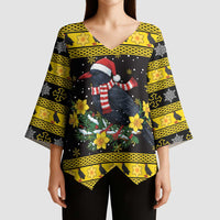 Flintshire Wales Christmas Kimono Sleeve Blouse Welsh Red-billed Chough with Daffodil - Wonder Print Shop