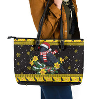 Flintshire Wales Christmas Leather Tote Bag Welsh Red-billed Chough with Daffodil - Wonder Print Shop