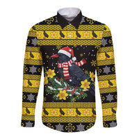 Flintshire Wales Christmas Long Sleeve Button Shirt Welsh Red-billed Chough with Daffodil - Wonder Print Shop