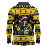Flintshire Wales Christmas Long Sleeve Polo Shirt Welsh Red-billed Chough with Daffodil - Wonder Print Shop
