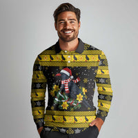 Flintshire Wales Christmas Long Sleeve Polo Shirt Welsh Red-billed Chough with Daffodil - Wonder Print Shop